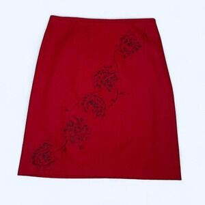 Red skirt wool black floral embroidery skirt size 12 by Loft Ann Taylor